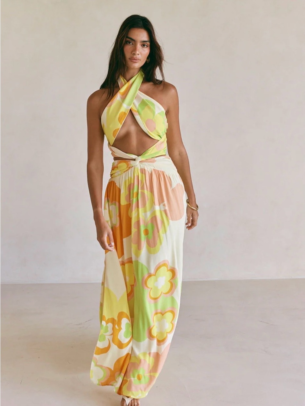 Sabo Skirt Floral Halter Maxi Dress in Pastel Yellow, Peach & Lime